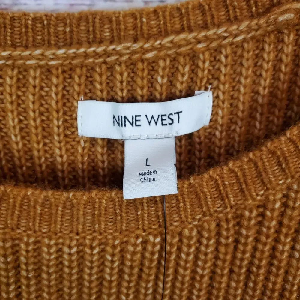 Nine West Women's Brown White Cable Knit Sweater Size L Chevron Colorblock NWT